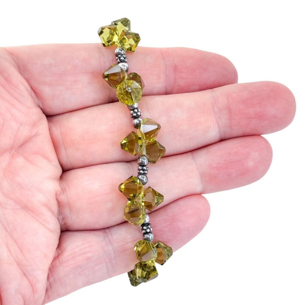 Estate Sterling Silver 925 Green Crystal Cluster Bead Bracelet 7.25"